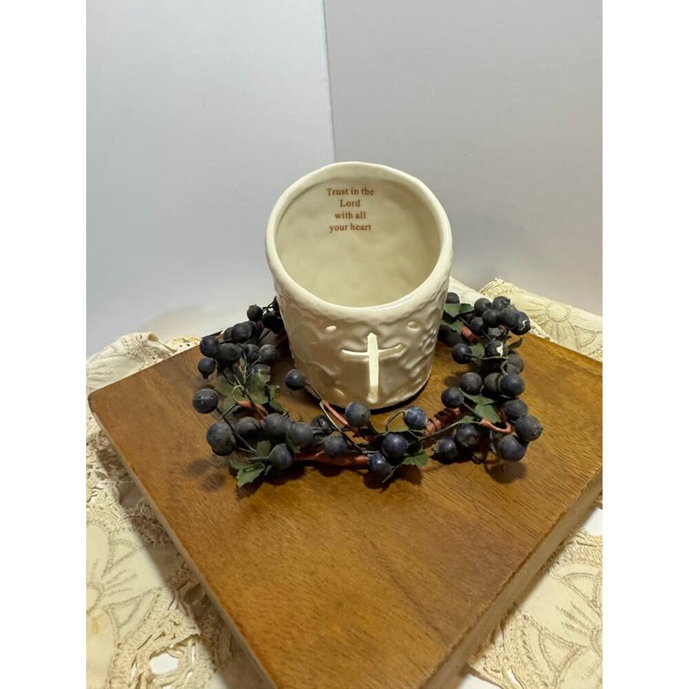 Ceramic Cross Candle Holder / Planter w Scripture